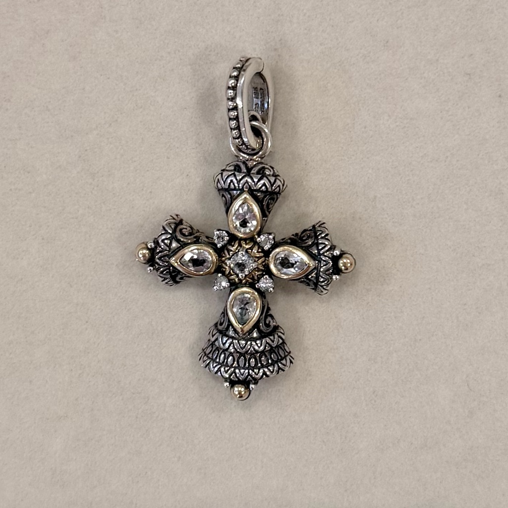 Barbara Bixby Sterling And 18 Kt Gold Cross W/White Topaz Stones